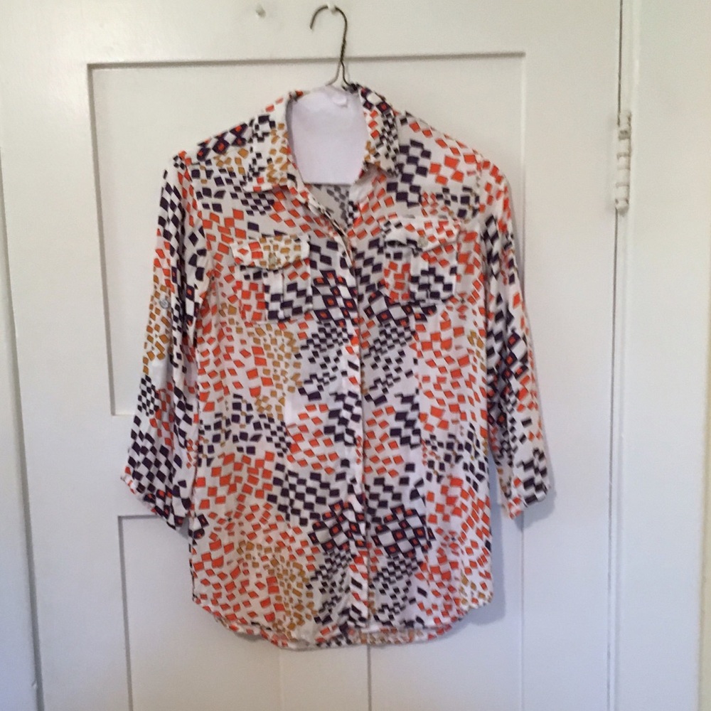 Orange and Navy Print Button Up Blouse by Cabi